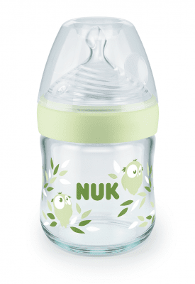 NUK NATURE SENSE Softer Temperature Control Шише стъклено 120мл. силиконов биберон 0+, р-р S, - Зелен