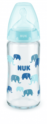 NUK First Choice стъклено шише Temperature Control 240мл. със силиконов биберон за хранене 0-6мес. - Син