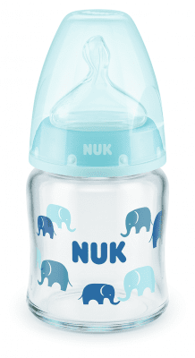 NUK First Choice стъклено шише Temperature Control 120мл. със силиконов биберон за хранене 0-6мес. - Син